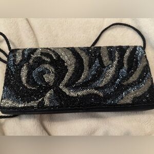 Elegant Black, Silver and Blue Beaded Clutch